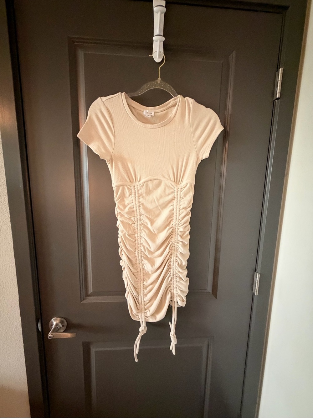 Le Lis Beige Ruched Tie-Front Short Sleeve Dress